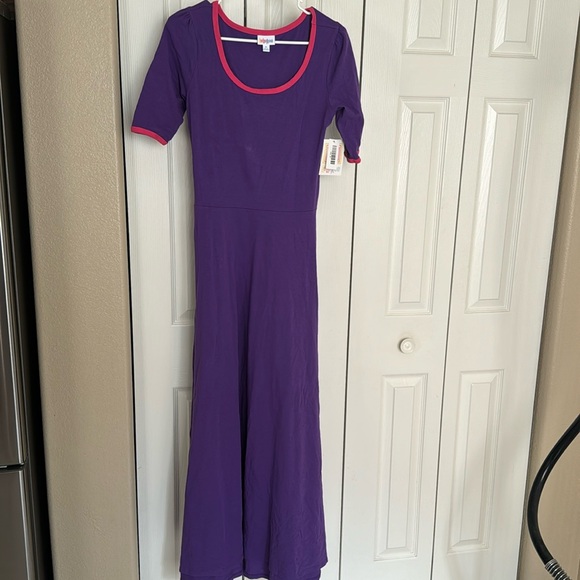 LuLaRoe Dresses & Skirts - Lularoe “Ana” dress M Purple with pink trim neck and arms NWT